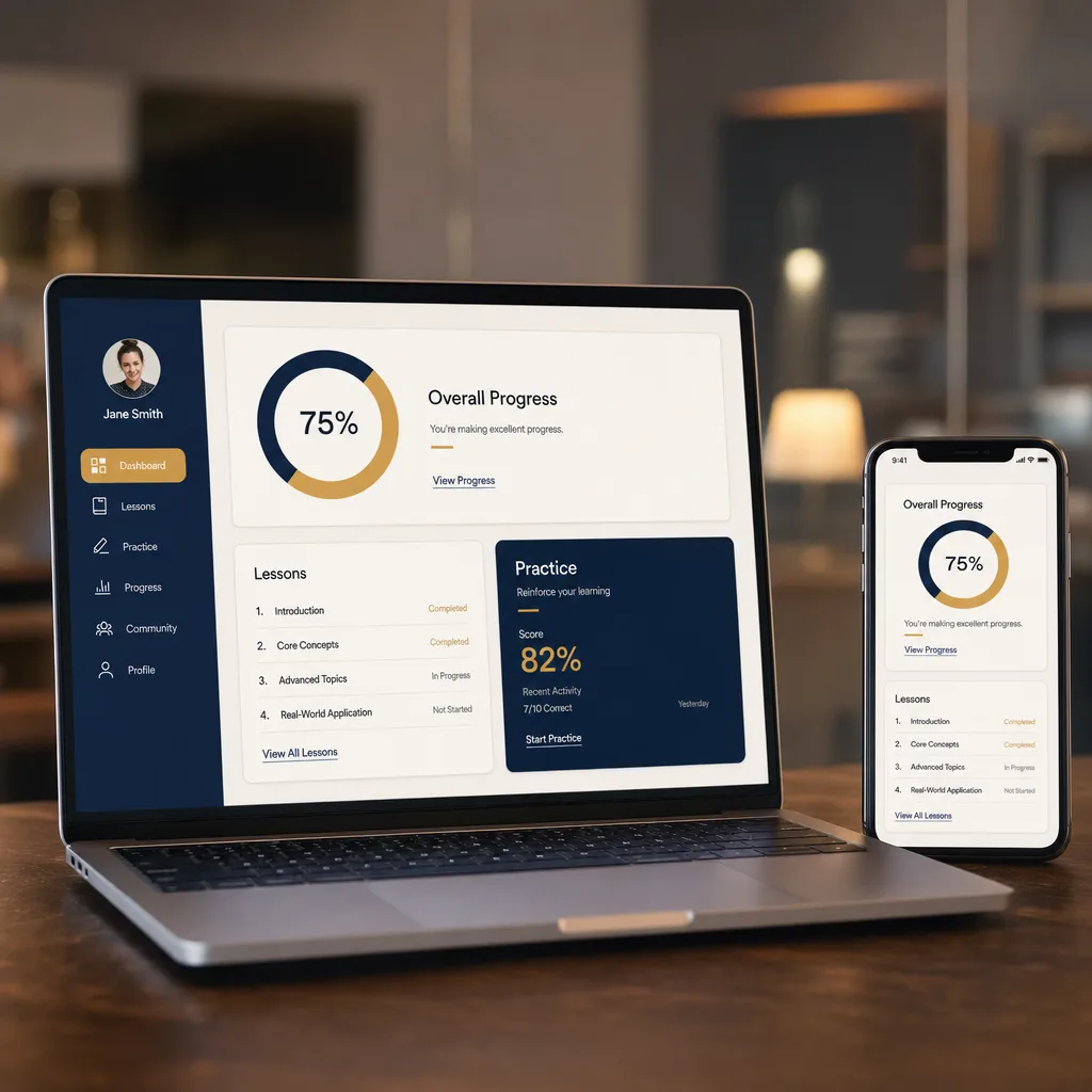 Inside the program: course dashboard with modules, lessons and reference guides